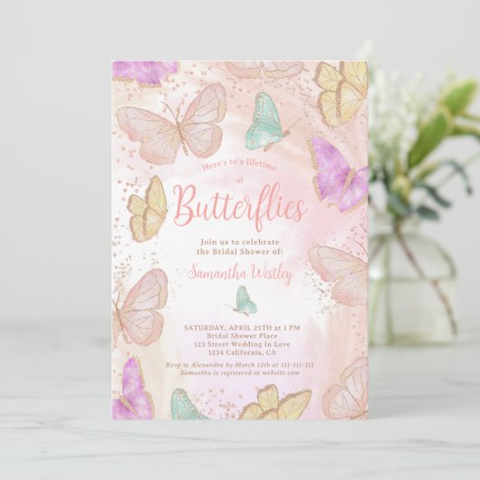 金ゴールドピンクの蝶の生涯ブライダルシャワー 招待状 (スタンド正面)
