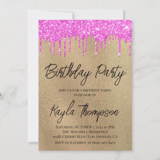 金ゴールドピンクの誕生日パーティーの招待 招待状 (正面)