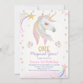 金ゴールドピンクの魔法の年ユニコーンの最初の誕生日 招待状 (正面)