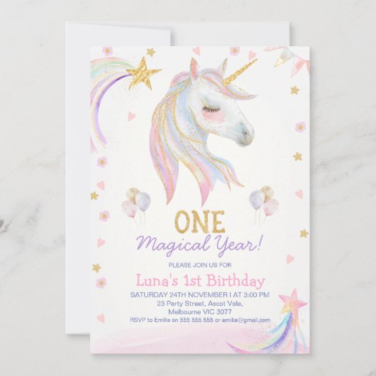 金ゴールドピンクの魔法の年ユニコーンの最初の誕生日 招待状 (正面)