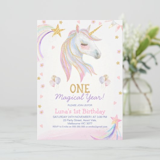 金ゴールドピンクの魔法の年ユニコーンの最初の誕生日 招待状 (スタンド正面)