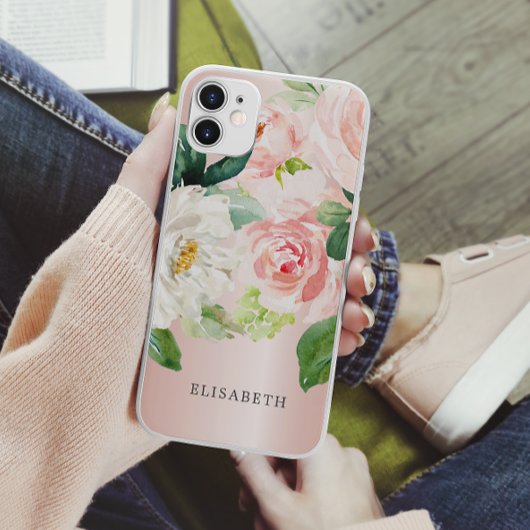 金ゴールドピンクアイボリー水彩フローラお名前 Case-Mate iPhoneケース