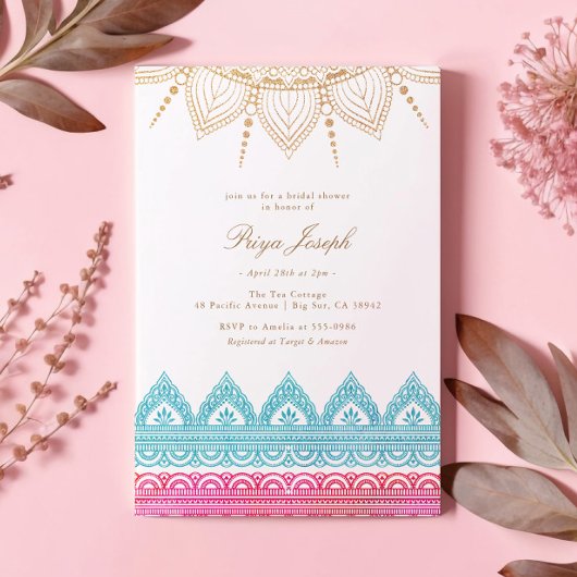 金ゴールドピンクインディアンヘナブライダルシャワー 招待状