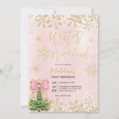 金ゴールドピンクウィンターワンダーランド最初の誕生日パーティー 招待状 (正面)