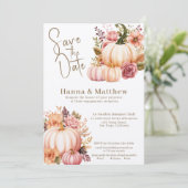 金ゴールドピンクウォーターカラーカボチャのバラは日付を保存 招待状 (スタンド正面)