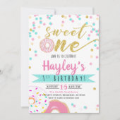 金ゴールドピンクウォーターカラードーナツスイートワン誕生日 招待状 (正面)