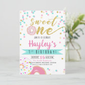 金ゴールドピンクウォーターカラードーナツスイートワン誕生日 招待状 (スタンド正面)