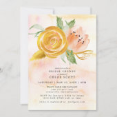 金ゴールドピンクウォーターカラーフローラブライダルシャワー 招待状 (正面)