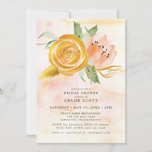 金ゴールドピンクウォーターカラーフローラブライダルシャワー 招待状 (正面)