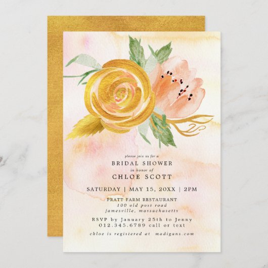 金ゴールドピンクウォーターカラーフローラブライダルシャワー 招待状 (正面/裏面)