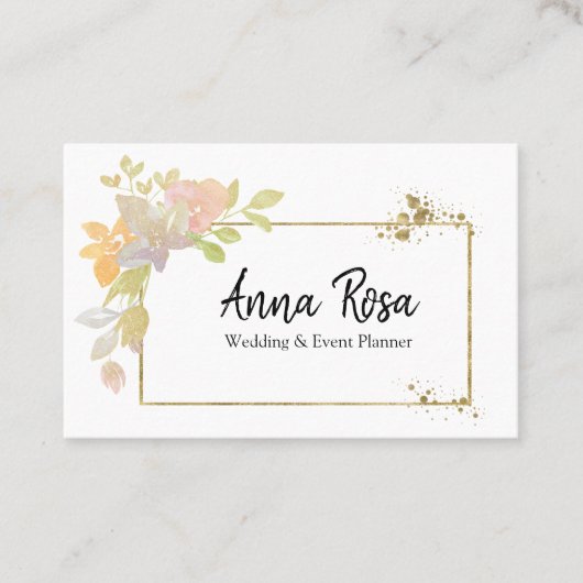 *~*金ゴールドピンクエレガントラベンダー水彩フラワー 名刺 (正面)