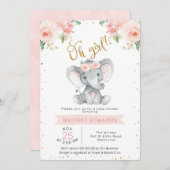 金ゴールドピンクガールズサファリエレファントベビージャーシャワー 招待状 (正面/裏面)