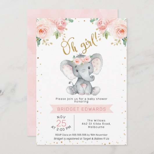 金ゴールドピンクガールズサファリエレファントベビージャーシャワー 招待状 (正面/裏面)