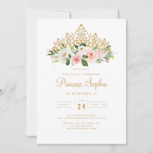 金ゴールドピンクガールズプリンセスフローラティアラ誕生日 招待状 (正面)