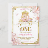 金ゴールドピンクガールプリンセスキャリッジファースト誕生日 招待状 (正面)