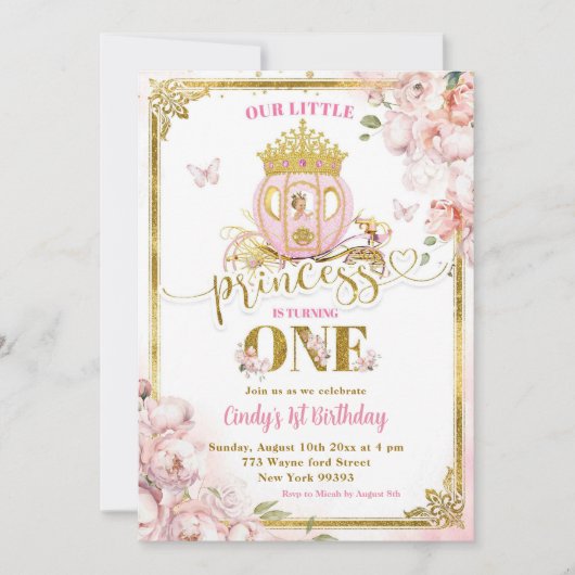 金ゴールドピンクガールプリンセスキャリッジファースト誕生日 招待状 (正面)
