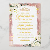 金ゴールドピンクキンセアニェラフローラスパークルティアラ 箔招待状 (正面)