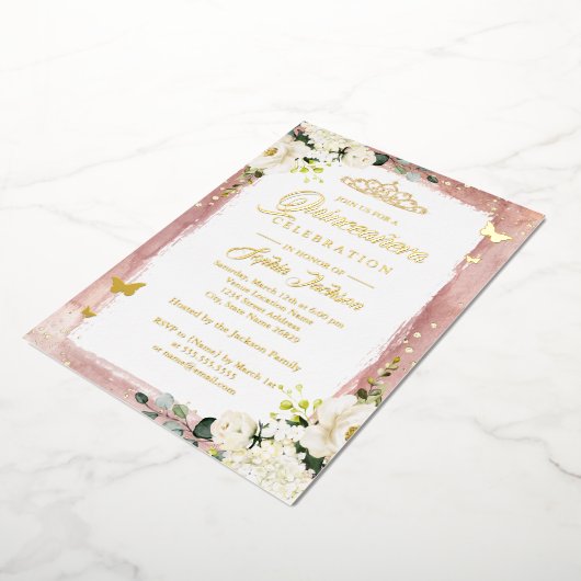 金ゴールドピンクキンセアニェラフローラスパークルティアラ 箔招待状 (回転した状態)