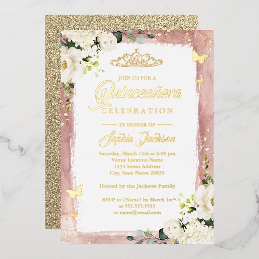金ゴールドピンクキンセアニェラフローラスパークルティアラ 箔招待状 (正面/裏面)