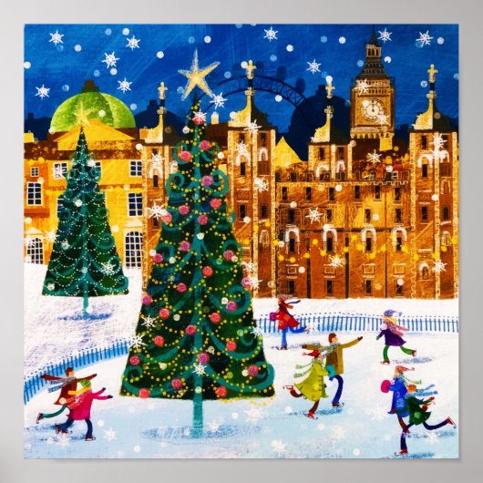 金ゴールドピンククリスマスウィンターアイススケートで滑る ポスター (正面)