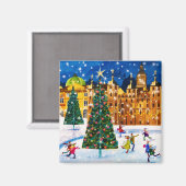 金ゴールドピンククリスマスウィンターアイススケートで滑る マグネット (正面/裏面)