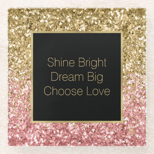 金ゴールドピンクグリジーグリッタースパークル ガラスコースター (正面)