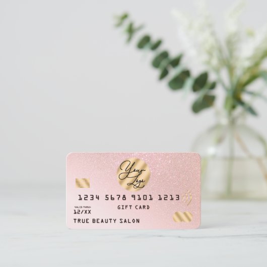 金ゴールドピンクグリッタークレジットロゴギフト券 名刺 (スタンド正面)