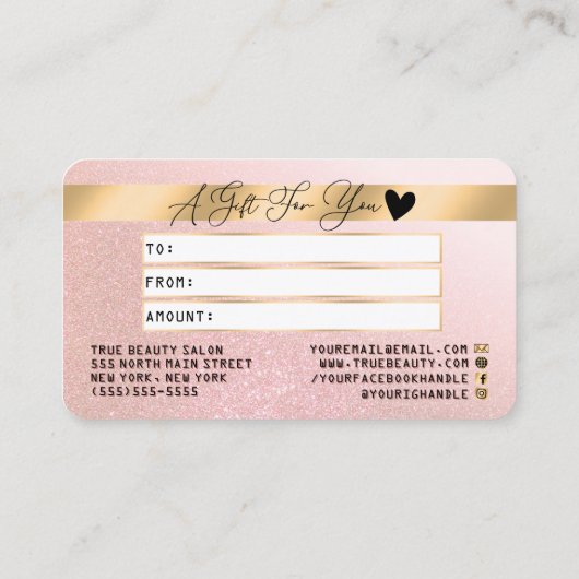 金ゴールドピンクグリッタークレジットロゴギフト券 名刺 (裏面)