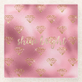 金ゴールドピンクグリッターダイヤモンド ガラスコースター