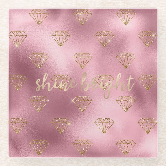 金ゴールドピンクグリッターダイヤモンド ガラスコースター (正面)