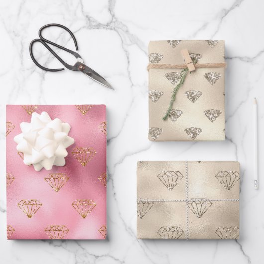 金ゴールドピンクグリッターダイヤモンド ラッピングペーパーシート (正面)