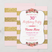 金ゴールドピンクグリッターバストライプースデーパーティー招待状 招待状 (正面/裏面)