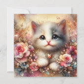 金ゴールドピンクグリッターフローラ水彩キャットバレンタイン シーズンカード (正面)