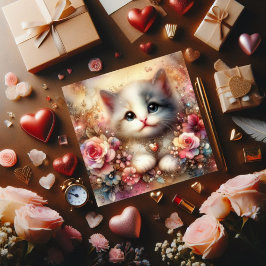 金ゴールドピンクグリッターフローラ水彩キャットバレンタイン シーズンカード