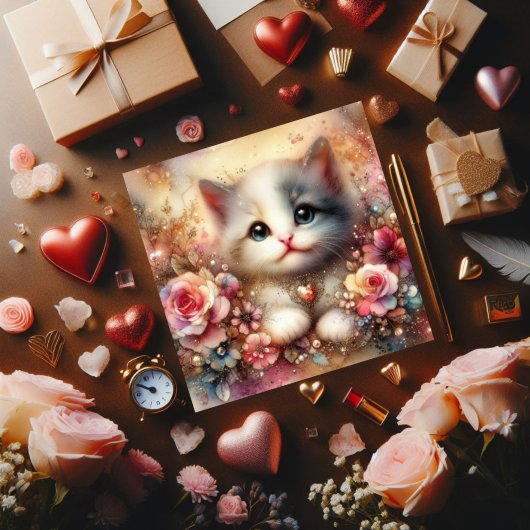 金ゴールドピンクグリッターフローラ水彩キャットバレンタイン シーズンカード