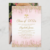 金ゴールドピンクグリッター看護卒業式 招待状 (正面/裏面)