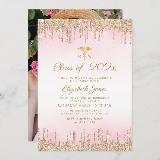 金ゴールドピンクグリッター看護卒業式 招待状 (正面/裏面)
