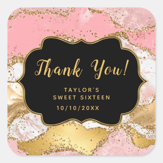 金ゴールドピンクシークンズアゲイトSweet sixteenありがとう スクエアシール (正面)