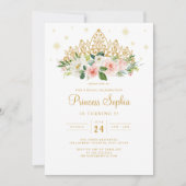 金ゴールドピンクスパークルプリンセスフローラティアラ誕生日 招待状 (正面)