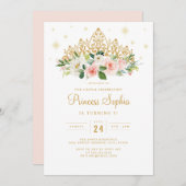 金ゴールドピンクスパークルプリンセスフローラティアラ誕生日 招待状 (正面/裏面)