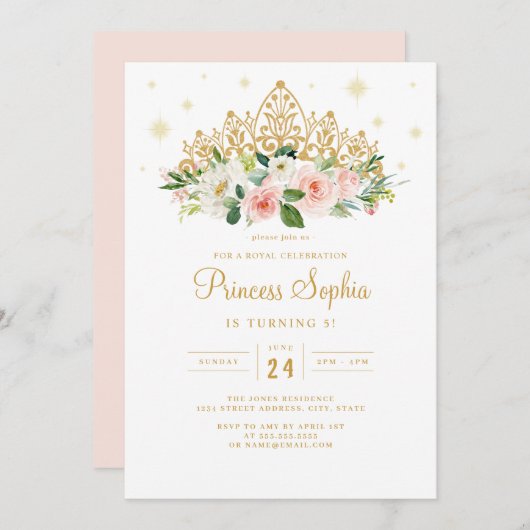 金ゴールドピンクスパークルプリンセスフローラティアラ誕生日 招待状 (正面/裏面)