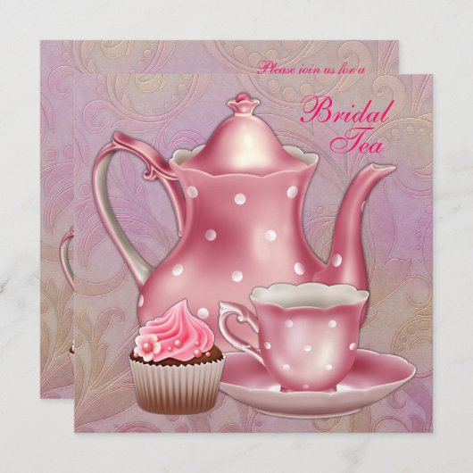 金ゴールドピンクダマスクブライダルティーパーティー 招待状 (正面/裏面)