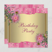 金ゴールドピンクダリアウーマンズバースデーパーティー 招待状 (正面/裏面)