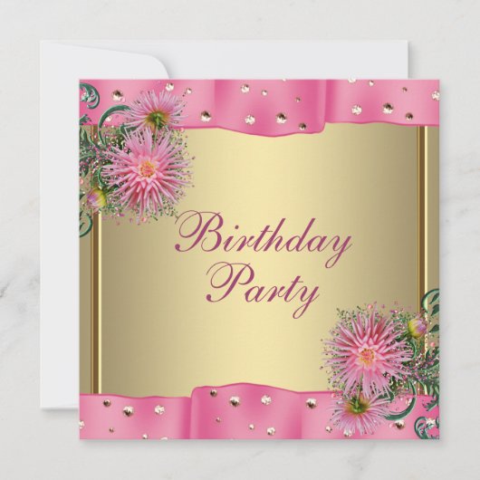 金ゴールドピンクダリアウーマンズバースデーパーティー 招待状 (正面)