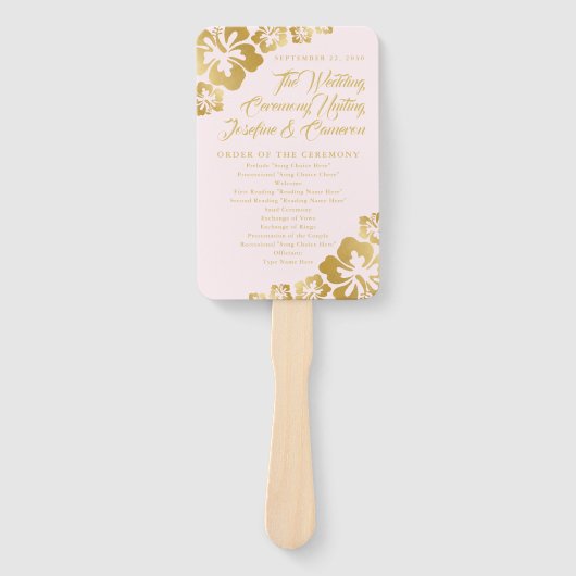 金ゴールドピンクトロピカルハイビスカスフラワー結婚式 プログラム ハンドファン (正面)