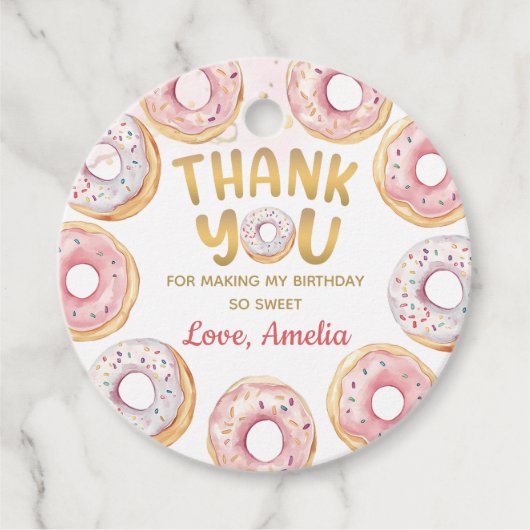 金ゴールドピンクドーナツ誕生日メッセージカード フェイバータグ (正面)