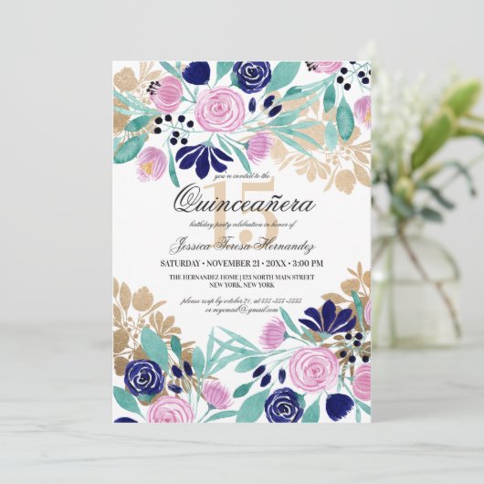 金ゴールドピンクネイビーフローラウォーターカラーキンセアニラ 招待状 (スタンド正面)