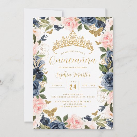 金ゴールドピンクネイビーフローラティアラバタフライキンセアニェラ 招待状 (正面)