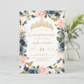 金ゴールドピンクネイビーフローラティアラバタフライキンセアニェラ 招待状 (スタンド正面)