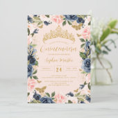 金ゴールドピンクネイビーフローラバタフライ写真キンセアニェラ 招待状 (スタンド正面)